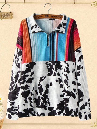 Colorful Striped Print Patchwork Lapel Collar Sweatshirt - Click Image to Close