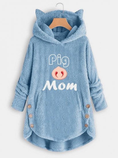 Cartoon Letter Printed Button Irregular Hem Plush Hoodie - Click Image to Close