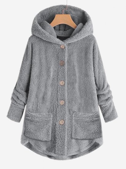 Casual Solid Color Pockets Button Long Sleeve Fleece Hoodies - Click Image to Close