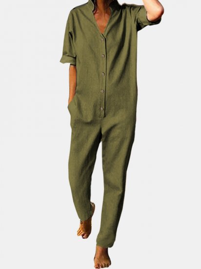 Casual Solid Color V-neck Pockets Stand Collar Long Sleeve Jumpsuit - Click Image to Close