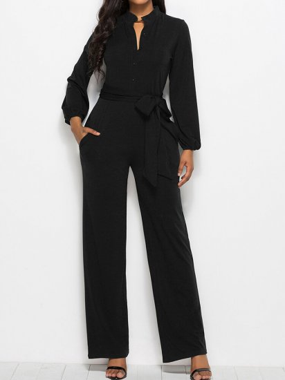 Solid Color Waistband Pocket Long Sleeve Casual Jumpsuit for Women - Click Image to Close