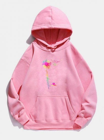 Flower Butterfly Printed Long Sleeve Drawstring Hoodie For Women - Click Image to Close