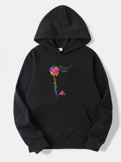 Flower Butterfly Printed Long Sleeve Drawstring Hoodie For Women - Click Image to Close
