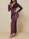 Leopard Printed Long Sleeve V-neck Patchwork Maxi Dress With Belt