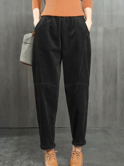 Pockets Solid Color Elastic Waist Casual Corduroy Pants - Click Image to Close