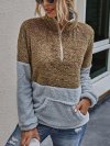 Patchwork Long Sleeve High Neck Zipper Fly Pocket Sweatshirt For Women