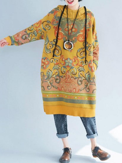 Hooded Folk Style Print Long Sleeve Vintage Women Dress - Click Image to Close
