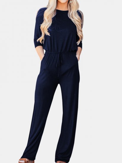 Solid Color Drawstring Long Sleeve Casual Jumpsuit - Click Image to Close