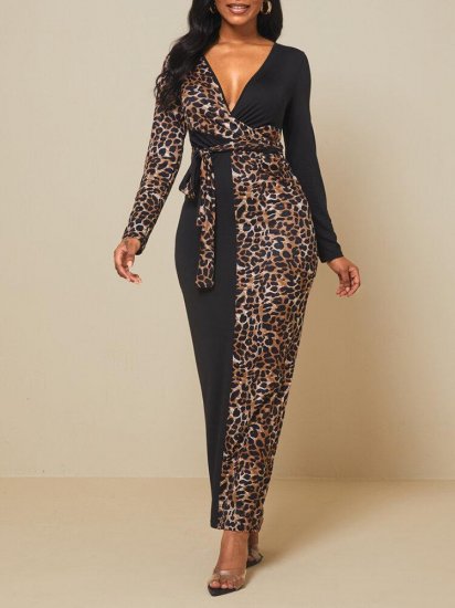 Leopard Printed Long Sleeve V-neck Patchwork Maxi Dress With Belt - Click Image to Close