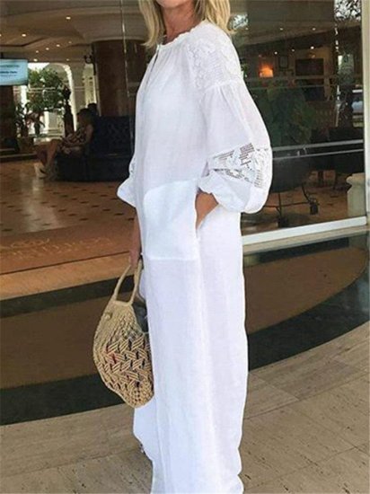Bohemian Lace Long Sleeve Pockets Maxi Dress - Click Image to Close